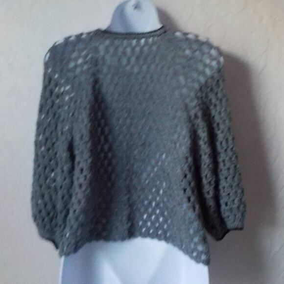 Handmade Crochet Boho Cardigan Fits Medium Gray Metallic Knit and Black Rose - Picture 7 of 7